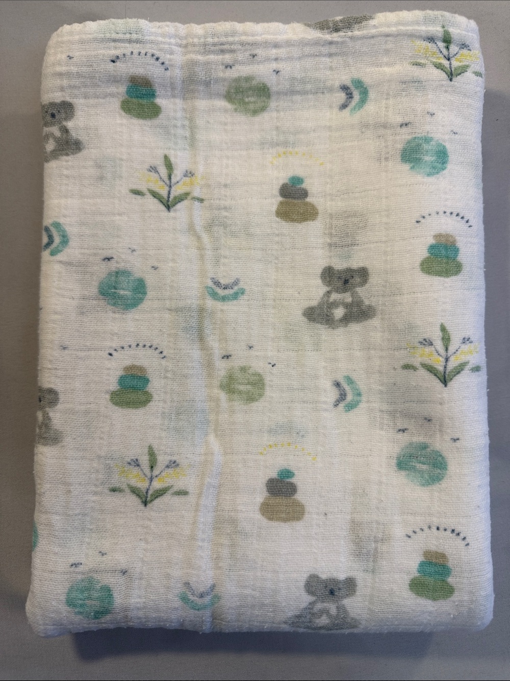aden + anais White Muslin Swaddle Blanket with Teal, Gray & Green Prints